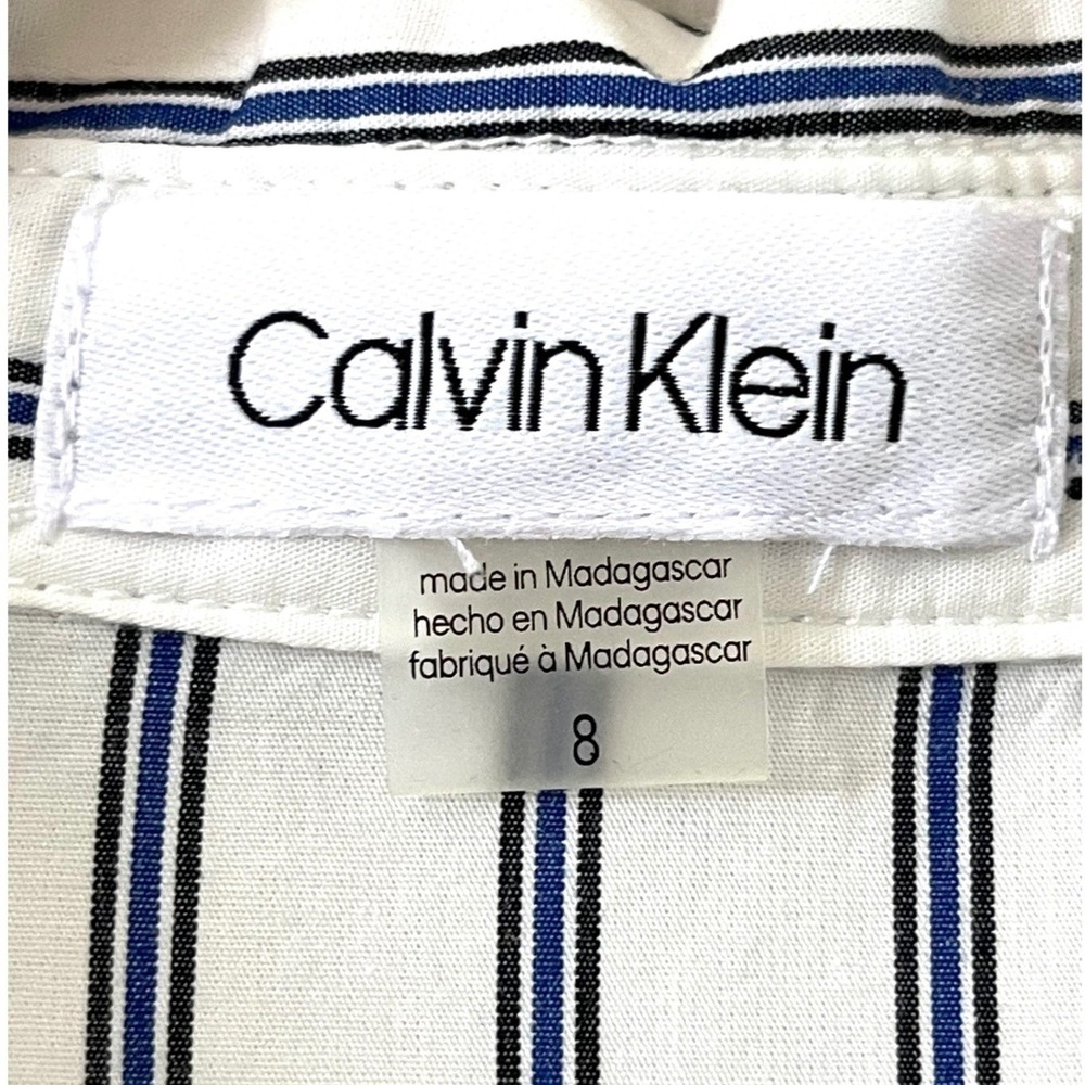 Calvin Klein Shirt Dress Women 8 Blue White Excellent Striped Midi Cotton Belted - Picture 8 of 16